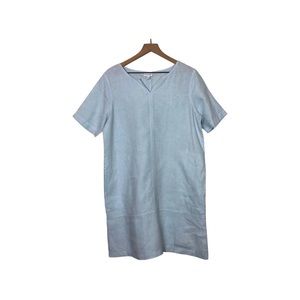 PURE JILL Dress  Linen Light Blue Garment Dyed Linen Short Sleeves Midi Dress M